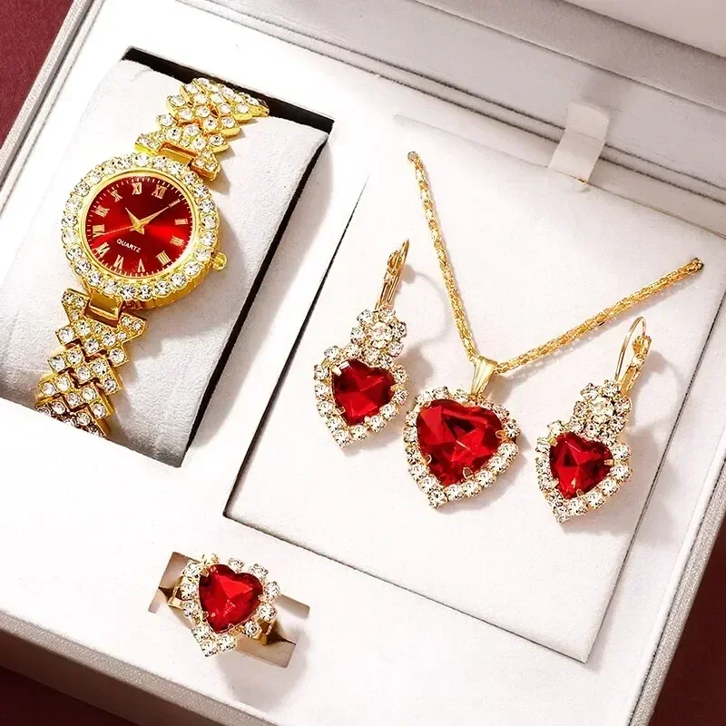 Jewelry Like Watches - Złoty luksusowy zegarek damski naszyjnik pierścionek
